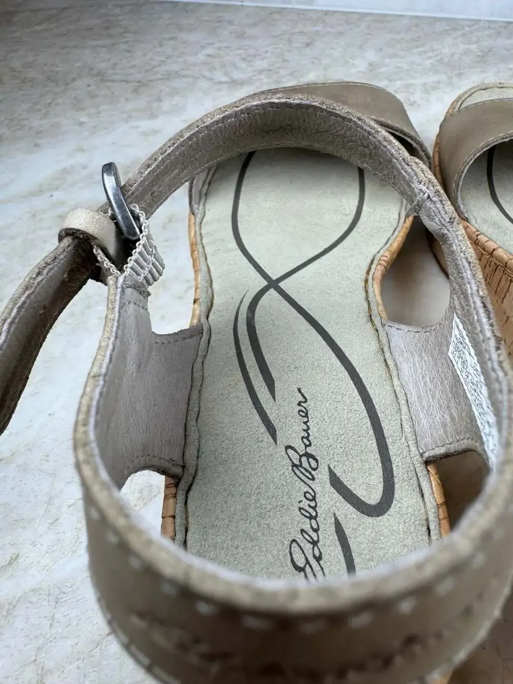Eddie Bauer Kara Cork Wedge Sandals Taupe Leather Ankle Strap Women 6.5